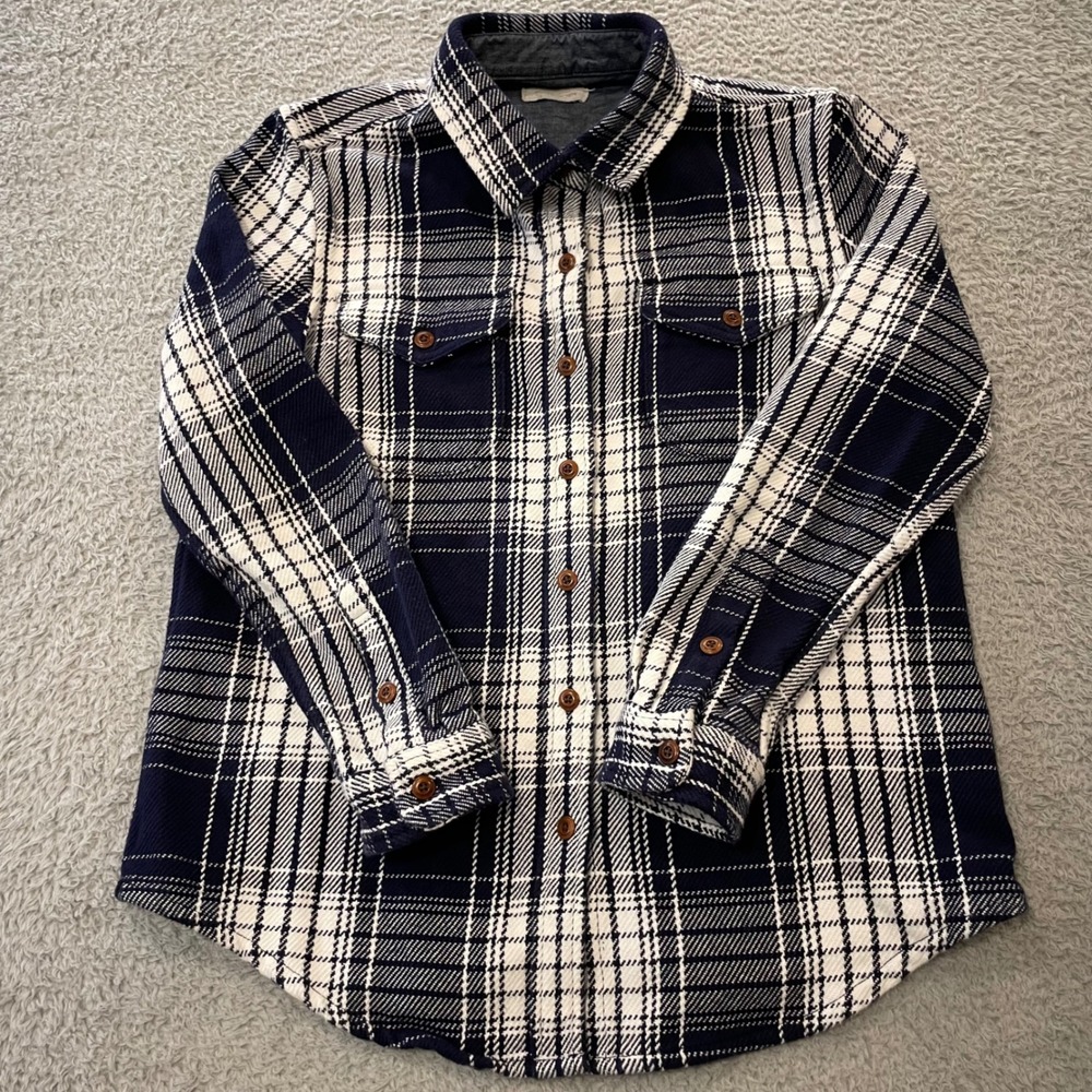 Outerknown Blanket Shirt Mens XS/S Navy Plaid Organic Cotton Flannel